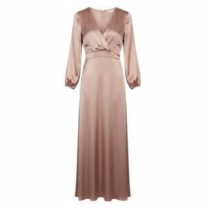 Rosevelvet Women Copper Satin V-Neck Long Sleeve Maxi Dress Lg Formal Evening